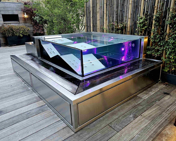 Spa inox KARTEL à débordement d’angle en PMMA installé sur un toit-terrasse du centre de Bordeaux