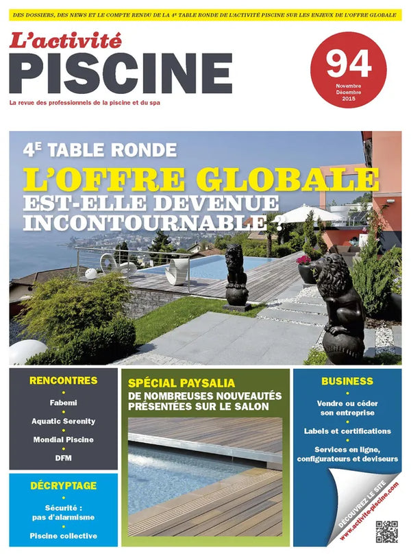 Couverture du magazine L'Activité Piscine n°94, novembre-décembre 2015