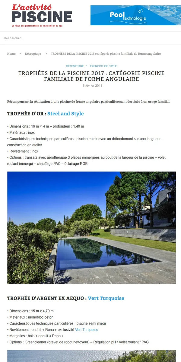 Article de L'Activité Piscine sur le Trophée d'or 2017 de Steel and Style, piscine miroir inox de 16 x 4 m