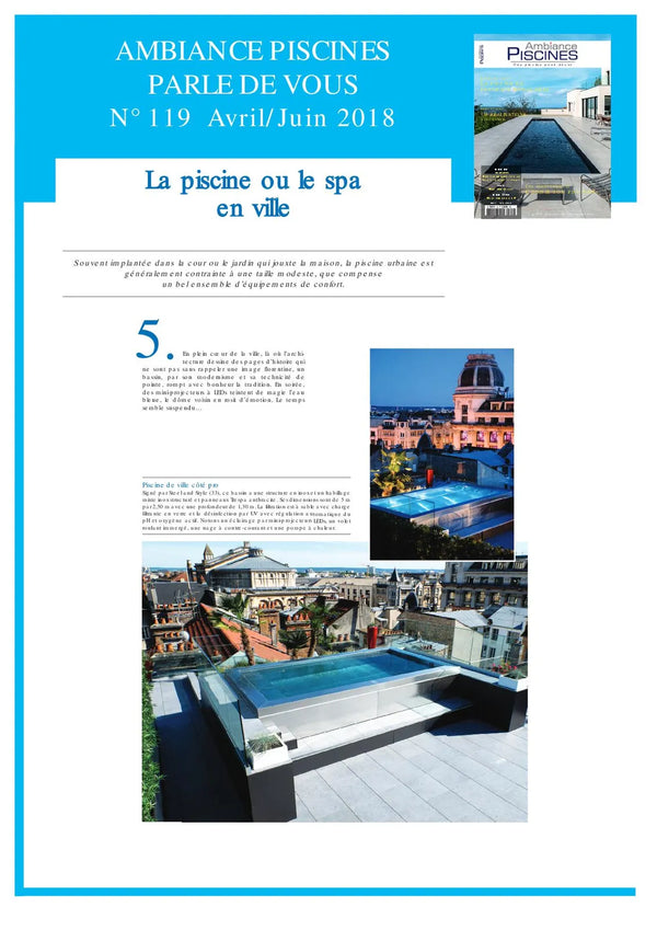 Article « La piscine ou le spa en ville » d'Ambiance Piscines n°119 : bassin inox Steel and Style sur un toit en centre-ville